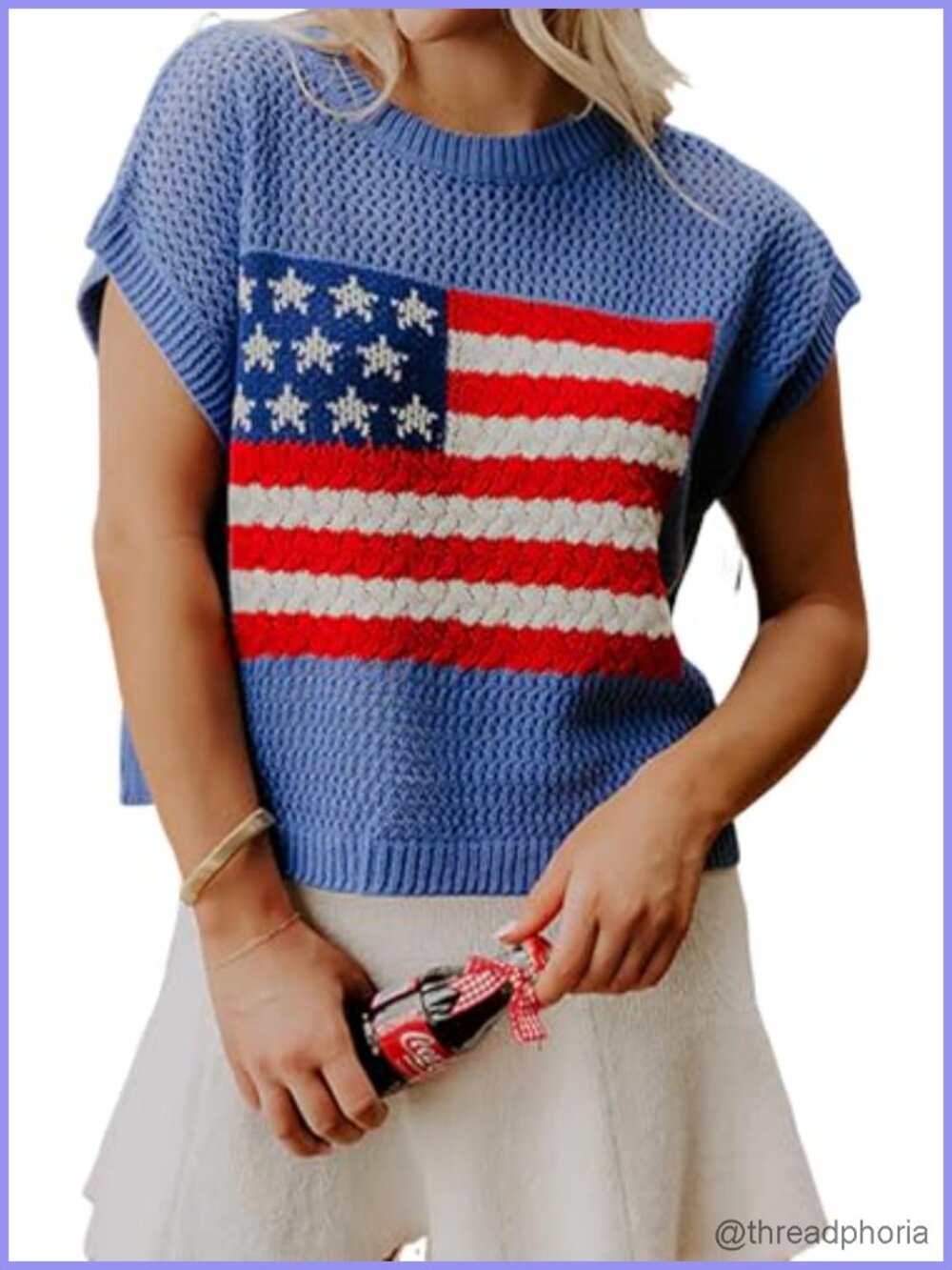 American Flag Knit Sweater Vest for Women - Short Sleeve Patriotic Summer